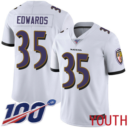 Baltimore Ravens Limited White Youth Gus Edwards Road Jersey NFL Football 35 100th Season Vapor Untouchable
